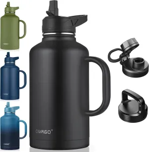 CIVAGO 64 oz Insulated Water Bottle Jug with Straw and Handle, Half Gallon Stainless Steel Water Flask, Large Sports Metal Water Bottle with Straw Lid (3 Lids), Big Thermal Mug Cup, Black