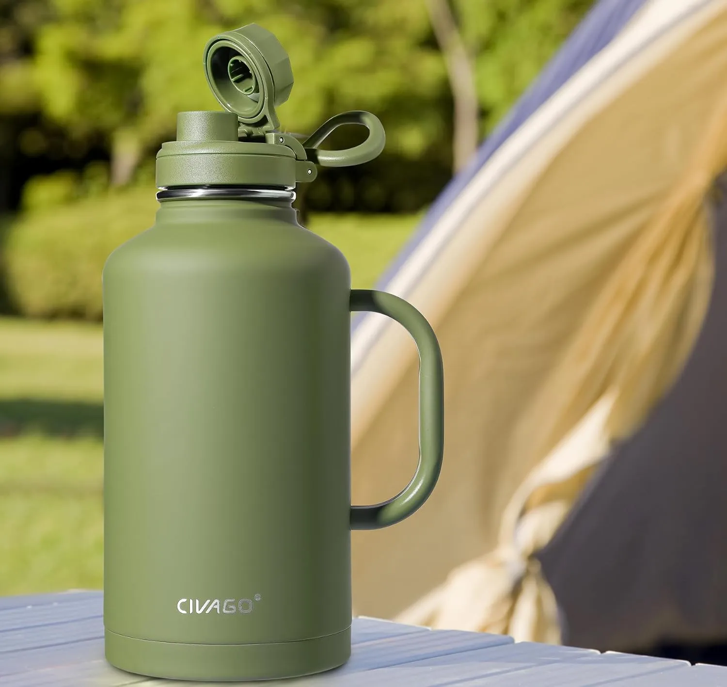 CIVAGO 64 oz Insulated Water Bottle Jug with Straw and Handle, Half Gallon Stainless Steel Water Flask, Large Sports Metal Water Bottle with Straw Lid (3 Lids), Big Thermal Mug Cup, Black