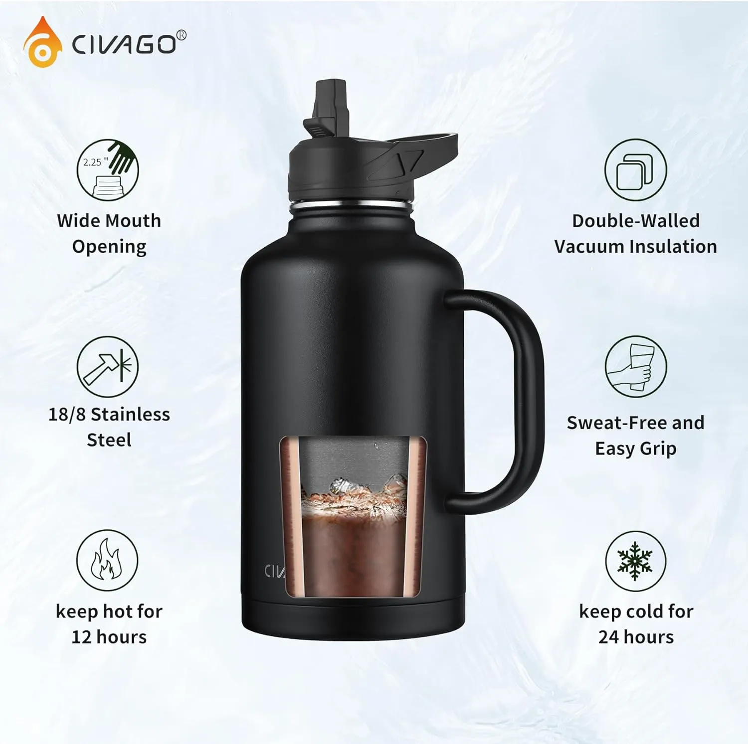 CIVAGO 64 oz Insulated Water Bottle Jug with Straw and Handle, Half Gallon Stainless Steel Water Flask, Large Sports Metal Water Bottle with Straw Lid (3 Lids), Big Thermal Mug Cup, Indigo Black