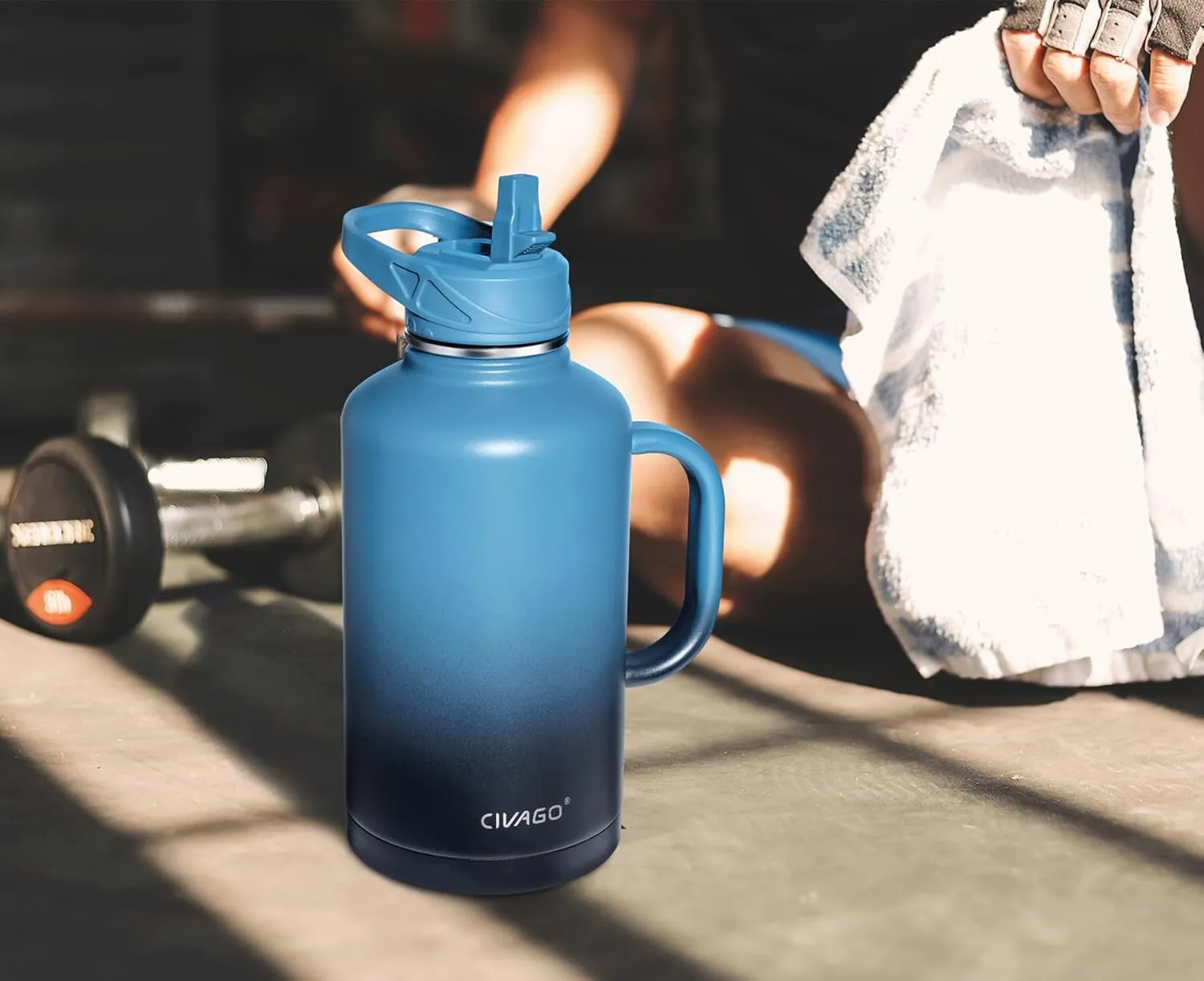 CIVAGO 64 oz Insulated Water Bottle Jug with Straw and Handle, Half Gallon Stainless Steel Water Flask, Large Sports Metal Water Bottle with Straw Lid (3 Lids), Big Thermal Mug Cup, Indigo Black