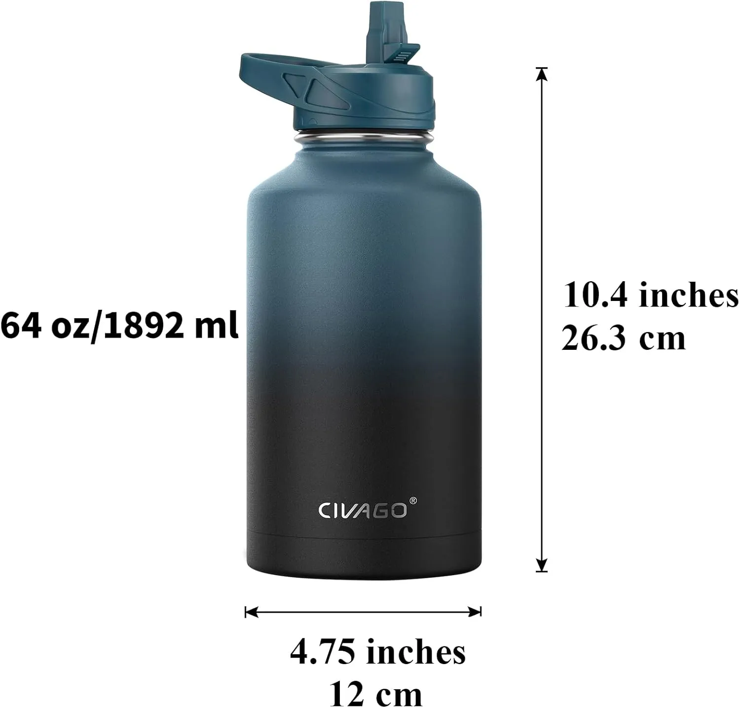 CIVAGO 64 oz Insulated Water Bottle With Straw, Half Gallon Stainless Steel Sports Water Flask Jug with 3 Lids (Straw, Spout and Handle Lid), Large Metal Thermal Cup Mug, Dark Night