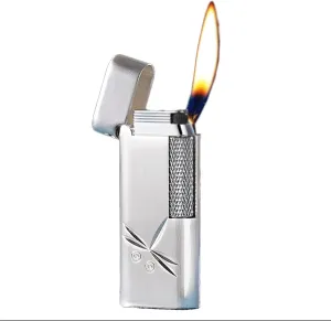 Classic flip-top Metal Butane lighters, Windproof Soft Flame, Old-Fashioned Side-Slip Grinding Wheel, Adjustable Flame, refillable Gas Portable Lighter (Fuel not Included)(Silver1)