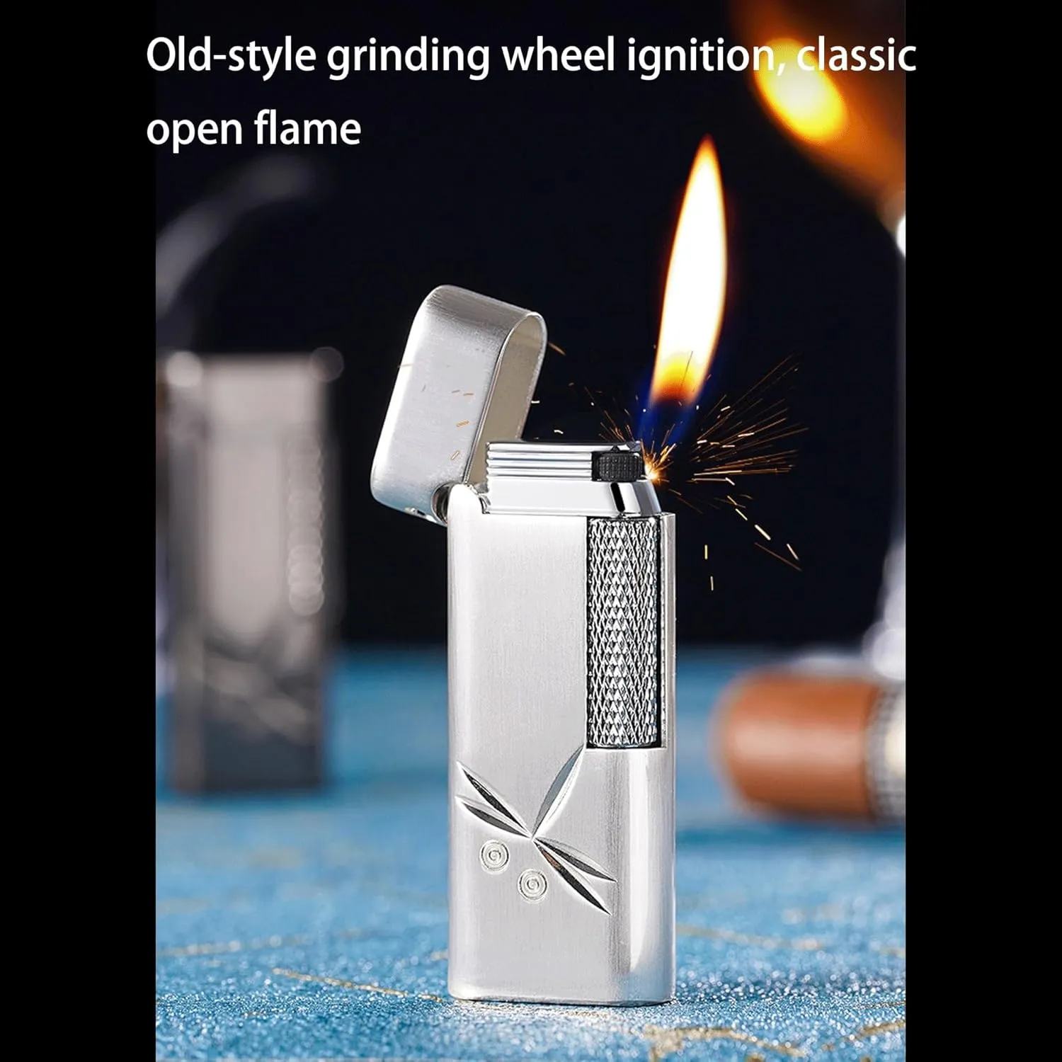 Classic flip-top Metal Butane lighters, Windproof Soft Flame, Old-Fashioned Side-Slip Grinding Wheel, Adjustable Flame, refillable Gas Portable Lighter (Fuel not Included)(Silver1)