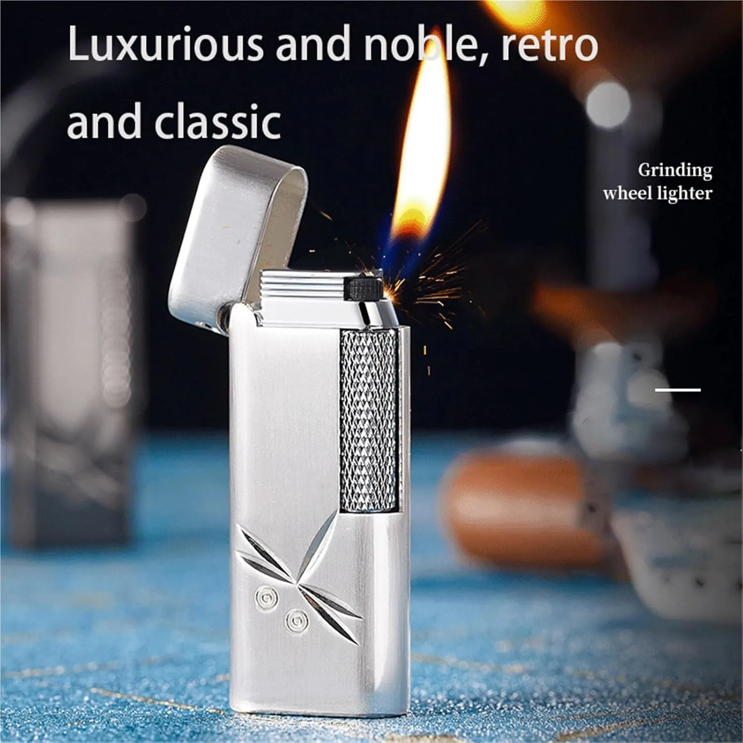 Classic flip-top Metal Butane lighters, Windproof Soft Flame, Old-Fashioned Side-Slip Grinding Wheel, Adjustable Flame, refillable Gas Portable Lighter (Fuel not Included)(Silver1)