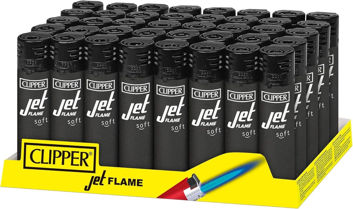 Clipper - Classic Jet Flame - Refillable Jet Flame Torch Lighter in Clipper Iconic Shape - Adjustable Windproof Flame - Reuse Over and Over with Butane Refill - 48 Pack - Soft Touch Black