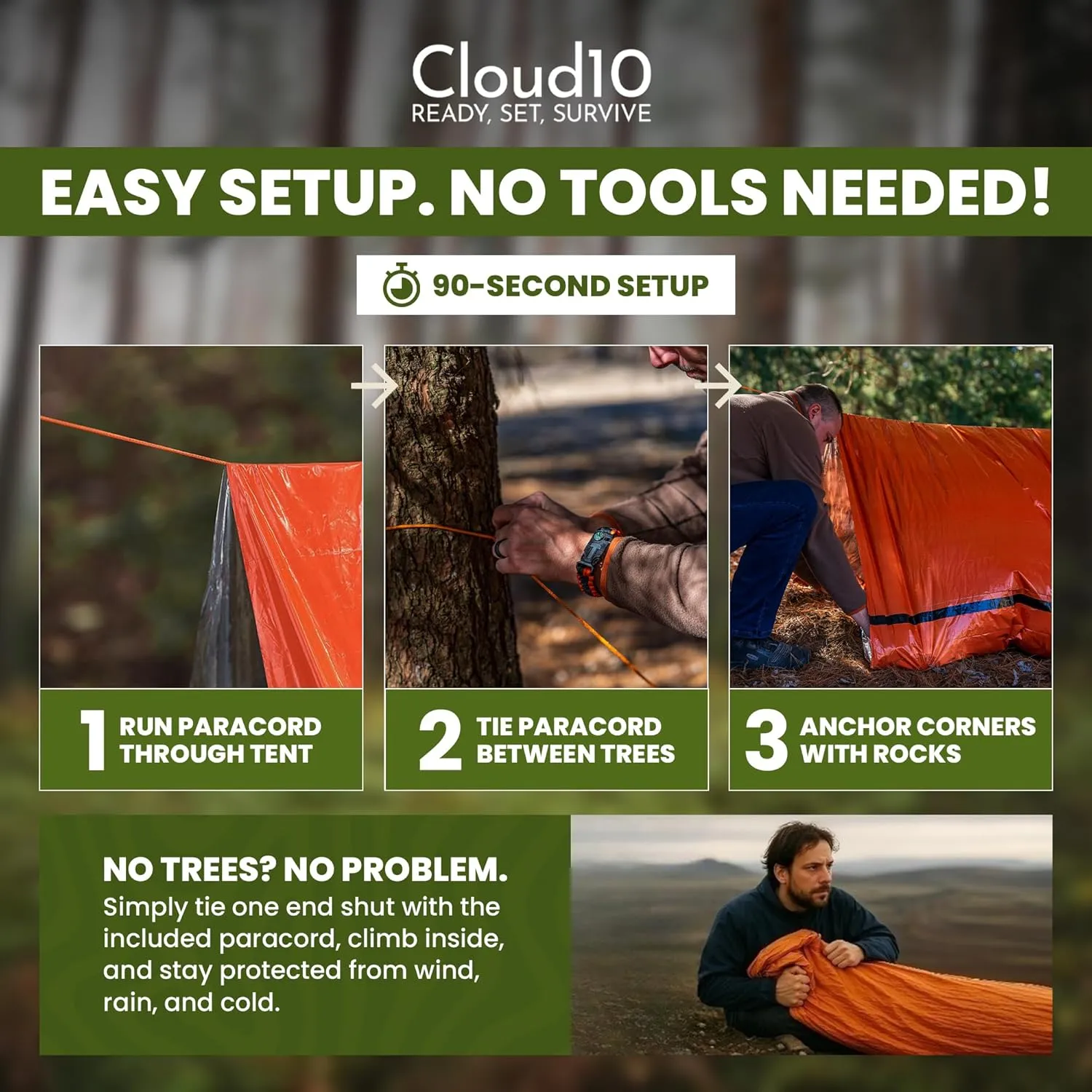 CloudTen Emergency Tent: Lightweight 2 Person Survival Tent with Multi-Function Paracord Bracelets - Essential Survival Gear & Bug Out Bag Items for Preppers, Hikers, Survivalists, Campers, Boy Scouts