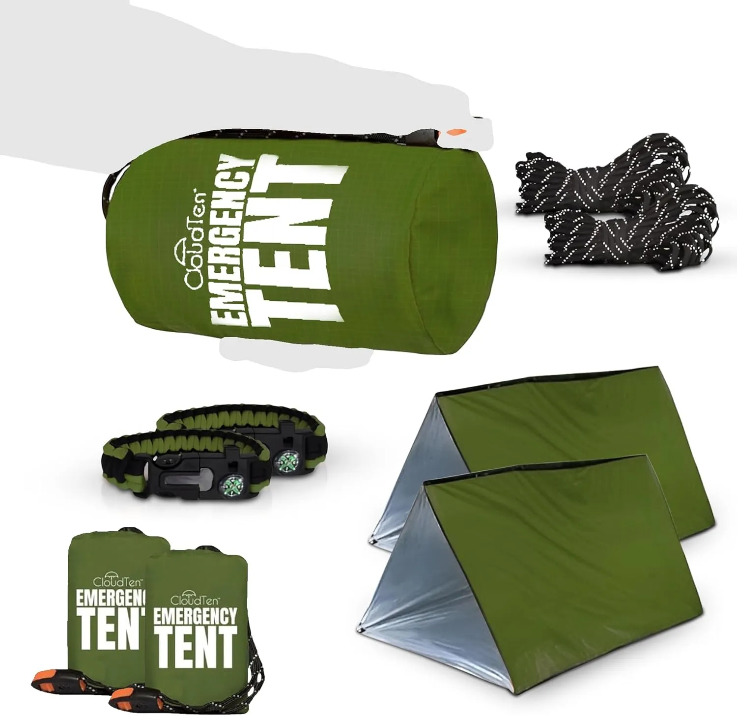 CloudTen Emergency Tent: Lightweight 2 Person Survival Tent with Multi-Function Paracord Bracelets - Essential Survival Gear & Bug Out Bag Items for Preppers, Hikers, Survivalists, Campers, Boy Scouts