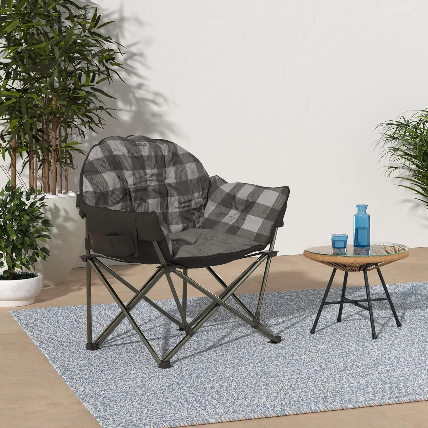 Club Camping Chair, Oversized, Portable, Folding with Padded Seats, 500-Lb. Capacity Gray Plaid