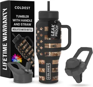 Coldest 40 oz Tumbler with Handle and Straw, 100% Leak Proof Insulated Tumbler with Lid and Straw (3 Lids), Stainless Steel Tumblers for Women & Men, Cup Holder Friendly, 36 oz (Camouflage Flag)