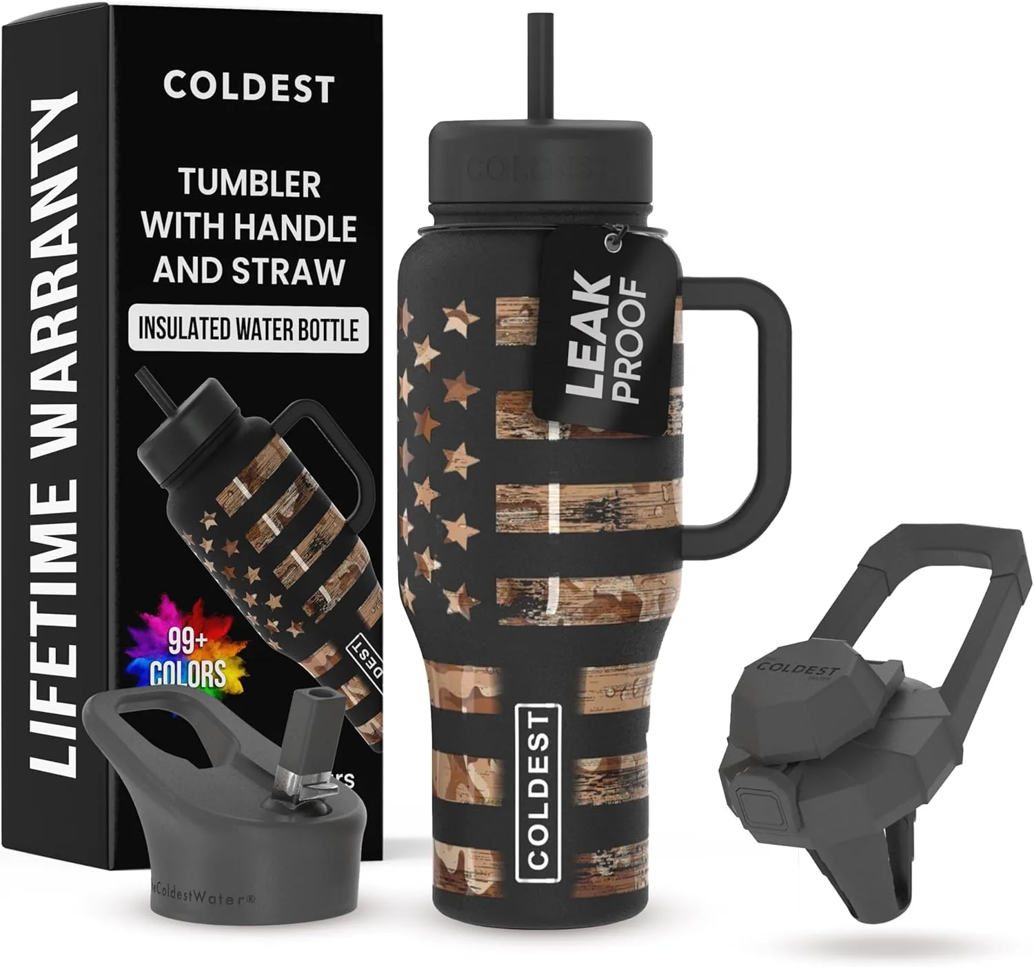 Coldest 40 oz Tumbler with Handle and Straw, 100% Leak Proof Insulated Tumbler with Lid and Straw (3 Lids), Stainless Steel Tumblers for Women & Men, Cup Holder Friendly, 36 oz (Camouflage Flag)