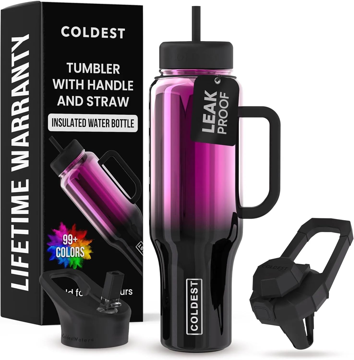 Coldest 40 oz Tumbler with Handle and Straw - 100% Spill Proof Tumbler with Straw (3 Lids) - Stainless Steel Insulated Leakproof Tumblers for Women & Men - Cup Holder Friendly - 46 oz (Violet Nova)