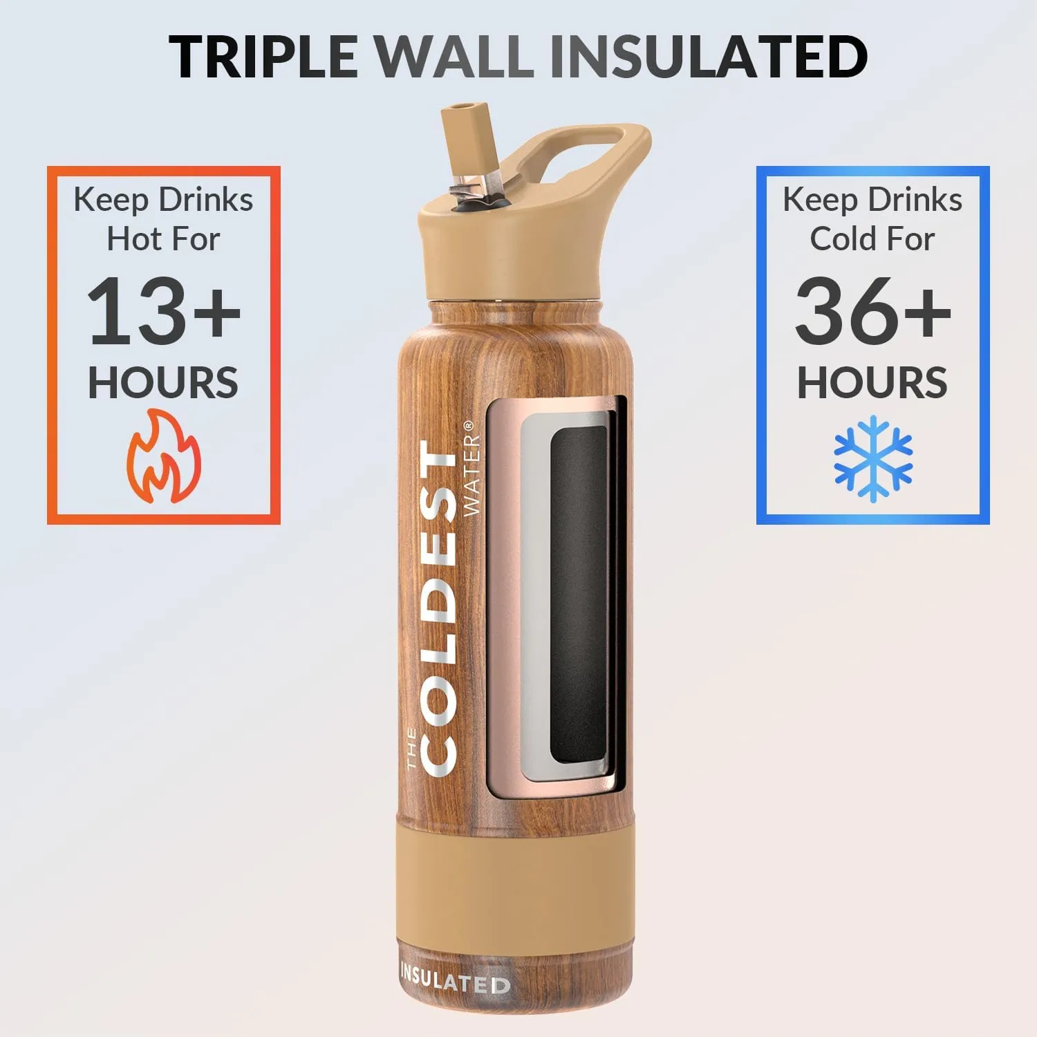 Coldest Insulated Water Bottle with Straw Lid - Stainless Steel Metal Thermos for Men & Women (Executive Wood, 40 oz)