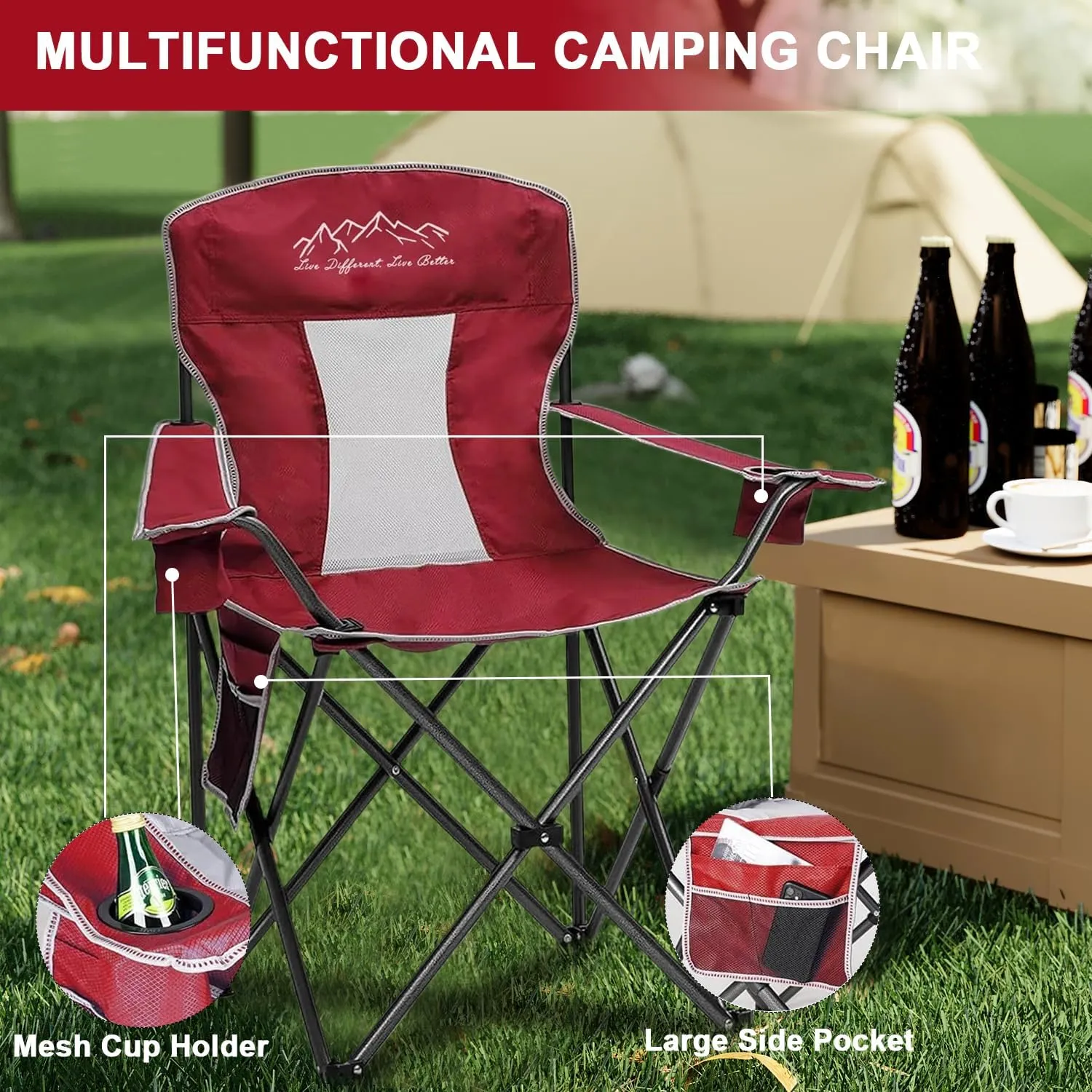Collapsible Folding Camping Chairs Heavy Duty Lawn Foldable Chair with Cooler Bag, Storage Pocket, Waterproof Bag Outdoor Arm Sport Chair, Supports 325LBS, Red
