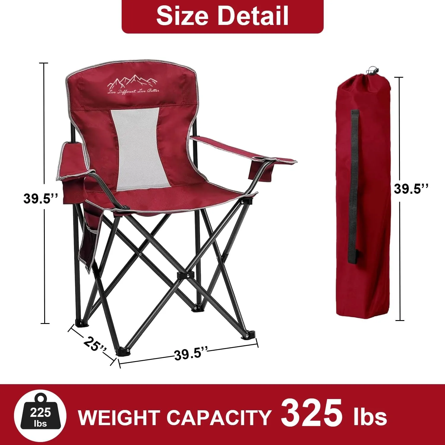 Collapsible Folding Camping Chairs Heavy Duty Lawn Foldable Chair with Cooler Bag, Storage Pocket, Waterproof Bag Outdoor Arm Sport Chair, Supports 325LBS, Red