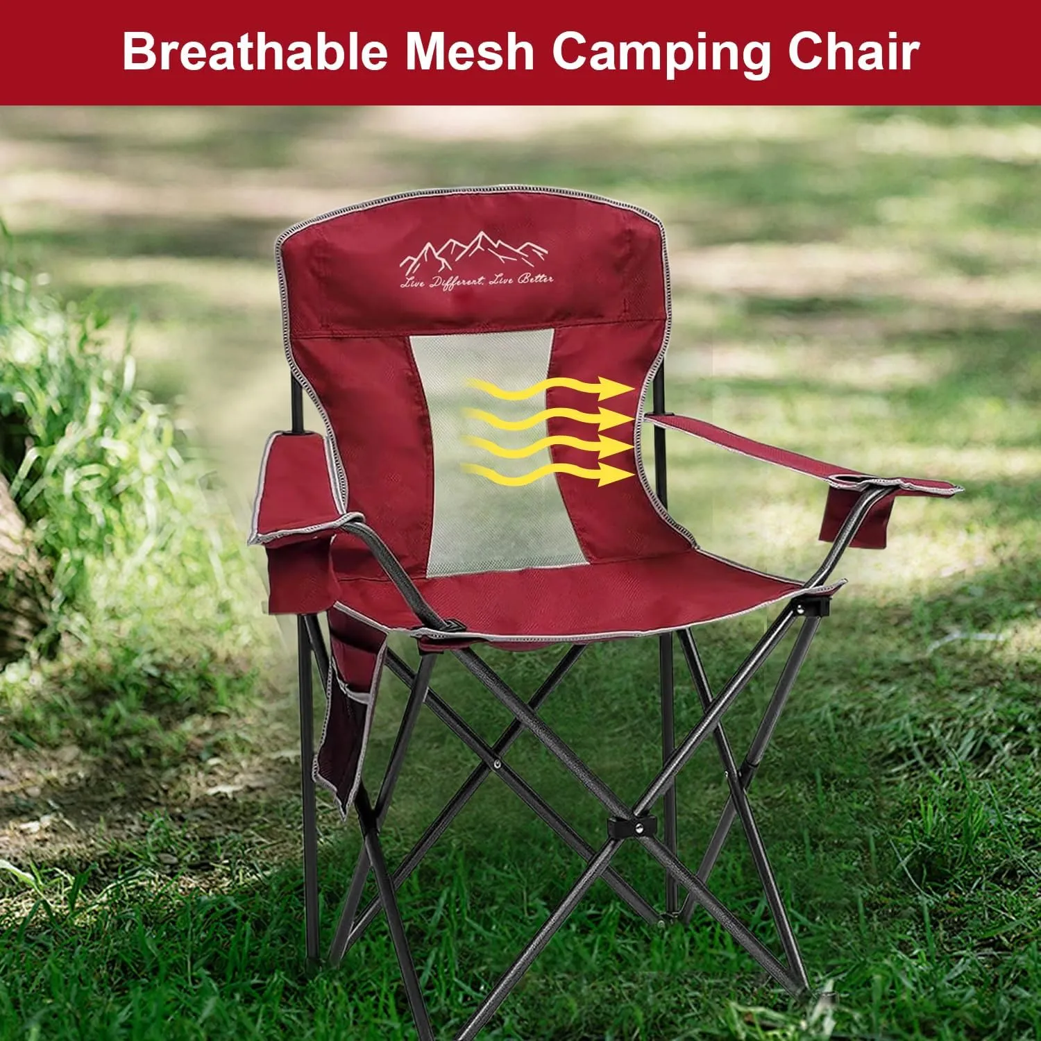 Collapsible Folding Camping Chairs Heavy Duty Lawn Foldable Chair with Cooler Bag, Storage Pocket, Waterproof Bag Outdoor Arm Sport Chair, Supports 325LBS, Red