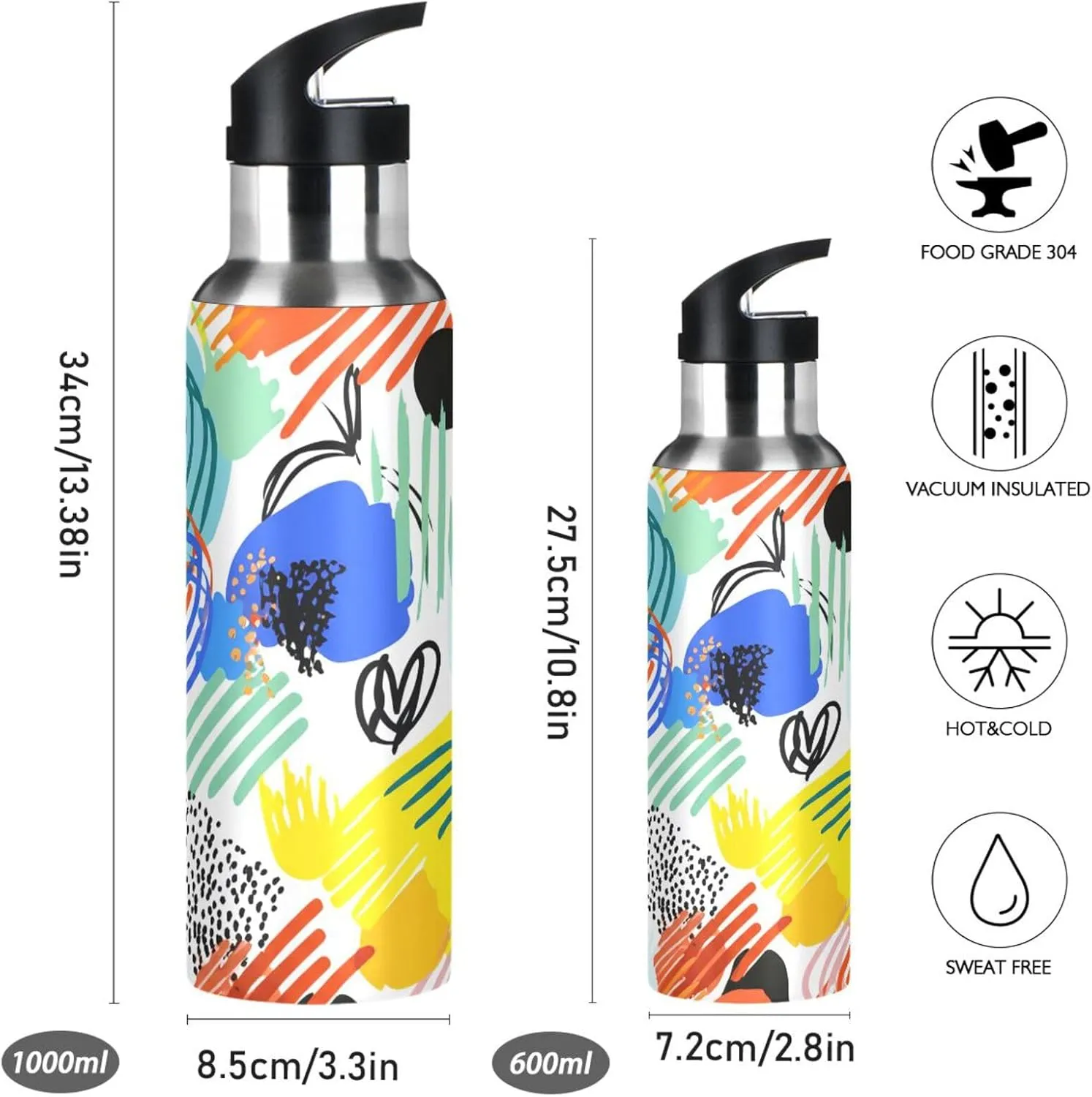 Colorful Abstract Lines Sports Water Bottle with Straw, 22oz BPA Free Stainless Steel Vacuum Insulated Bottle for Gym Fitness Outdoor