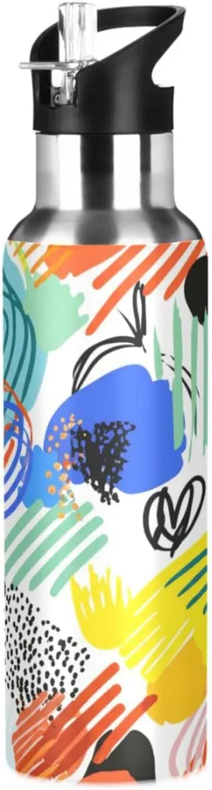 Colorful Abstract Lines Sports Water Bottle with Straw, 22oz BPA Free Stainless Steel Vacuum Insulated Bottle for Gym Fitness Outdoor