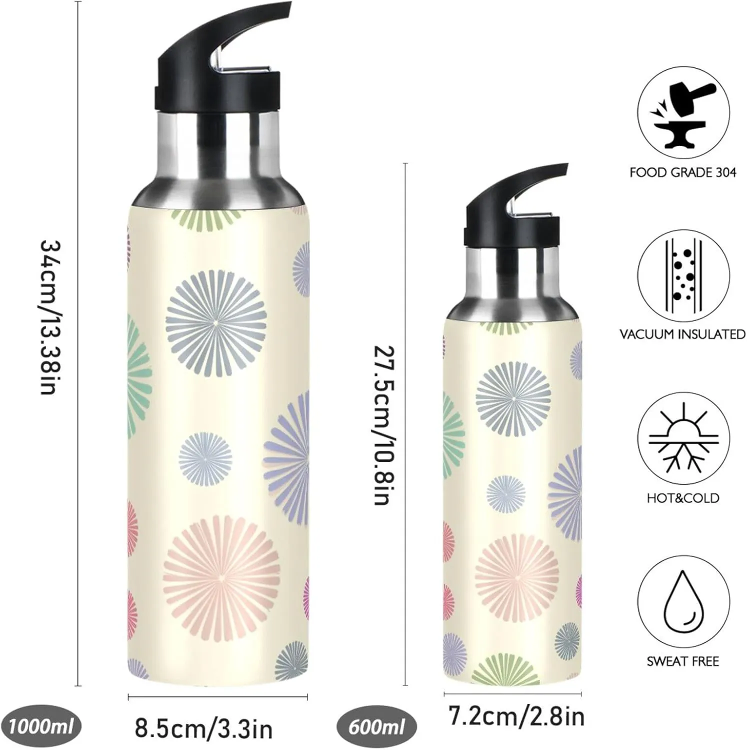 Colorful Circles Sports Water Bottle with Straw, 22oz BPA Free Stainless Steel Vacuum Insulated Bottle for Gym Fitness Outdoor