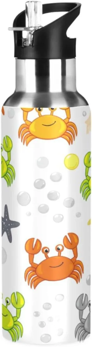 Colorful Crabs Sports Water Bottle with Straw, 22oz BPA Free Stainless Steel Vacuum Insulated Bottle for Gym Fitness Outdoor