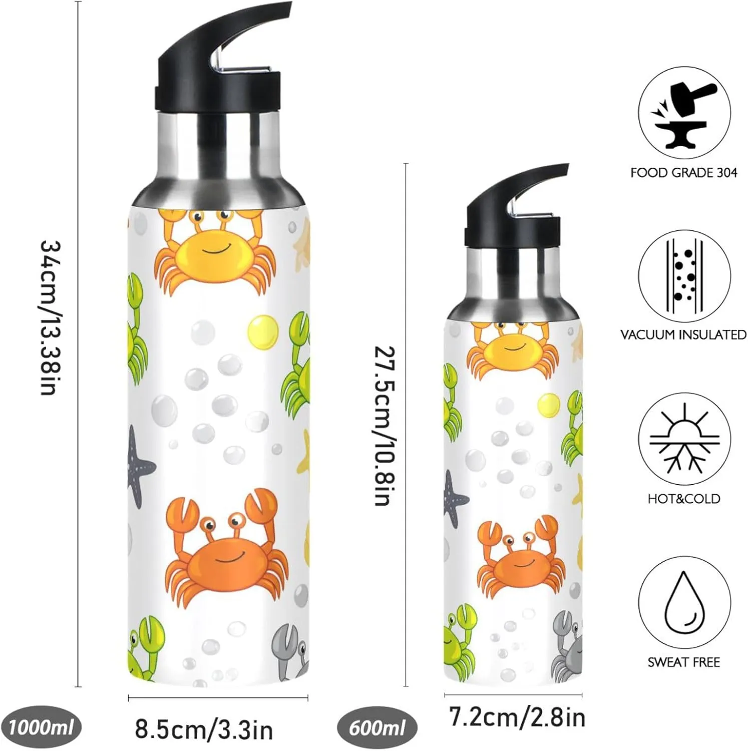 Colorful Crabs Sports Water Bottle with Straw, 22oz BPA Free Stainless Steel Vacuum Insulated Bottle for Gym Fitness Outdoor