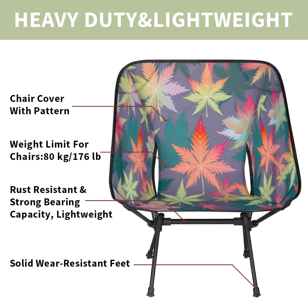 Colorful Marijuana Leaf Portable Camping Chair Lightweight Folding Backpacking Chair, Compact Foldable Beach Seat with Carry Bag for Outdoor Hiking Fishing Travel