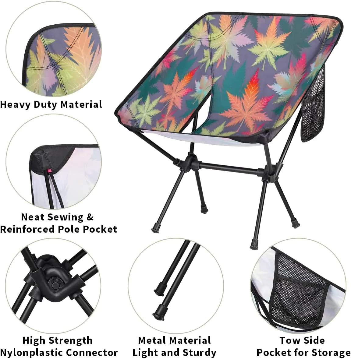 Colorful Marijuana Leaf Portable Camping Chair Lightweight Folding Backpacking Chair, Compact Foldable Beach Seat with Carry Bag for Outdoor Hiking Fishing Travel