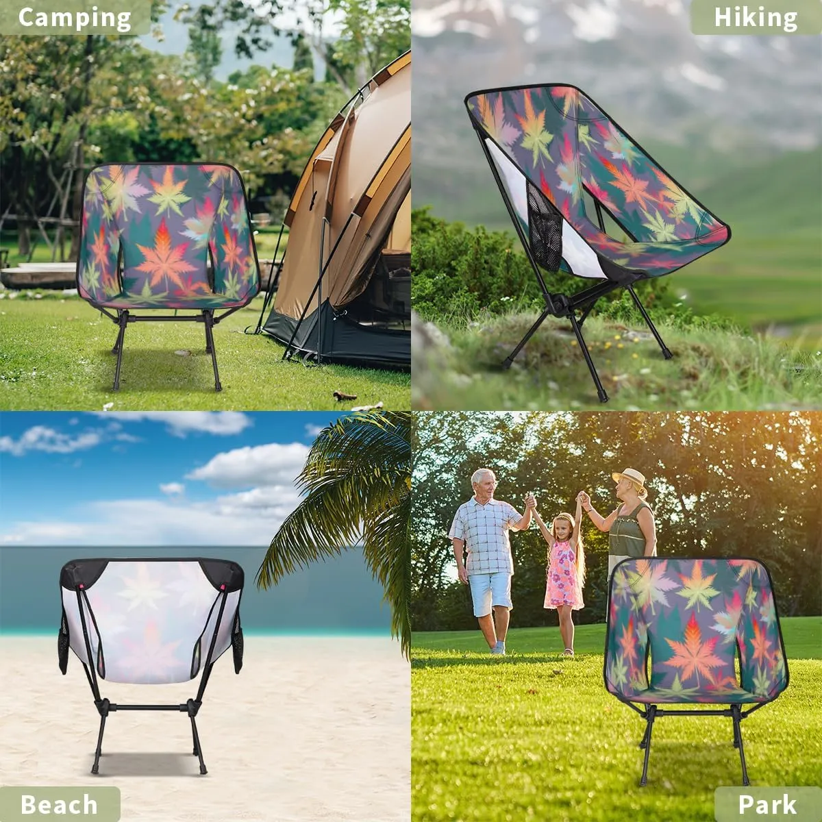 Colorful Marijuana Leaf Portable Camping Chair Lightweight Folding Backpacking Chair, Compact Foldable Beach Seat with Carry Bag for Outdoor Hiking Fishing Travel