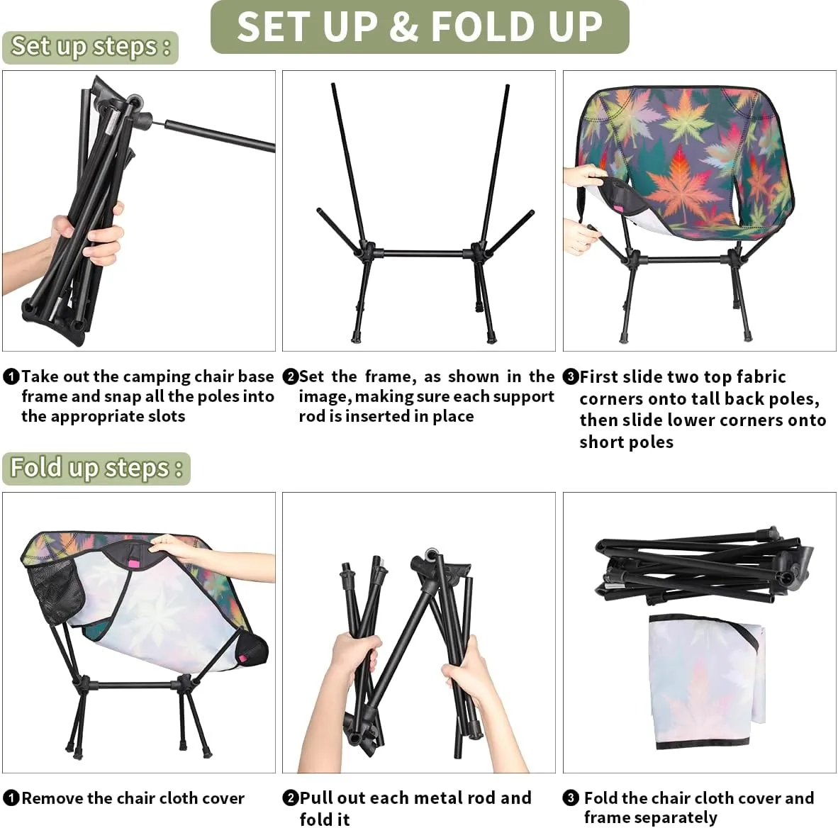 Colorful Marijuana Leaf Portable Camping Chair Lightweight Folding Backpacking Chair, Compact Foldable Beach Seat with Carry Bag for Outdoor Hiking Fishing Travel