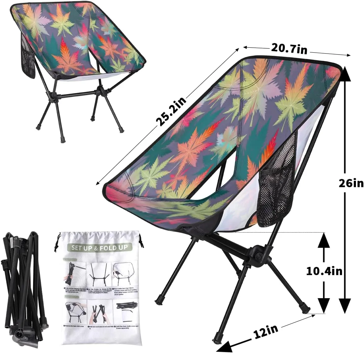 Colorful Marijuana Leaf Portable Camping Chair Lightweight Folding Backpacking Chair, Compact Foldable Beach Seat with Carry Bag for Outdoor Hiking Fishing Travel