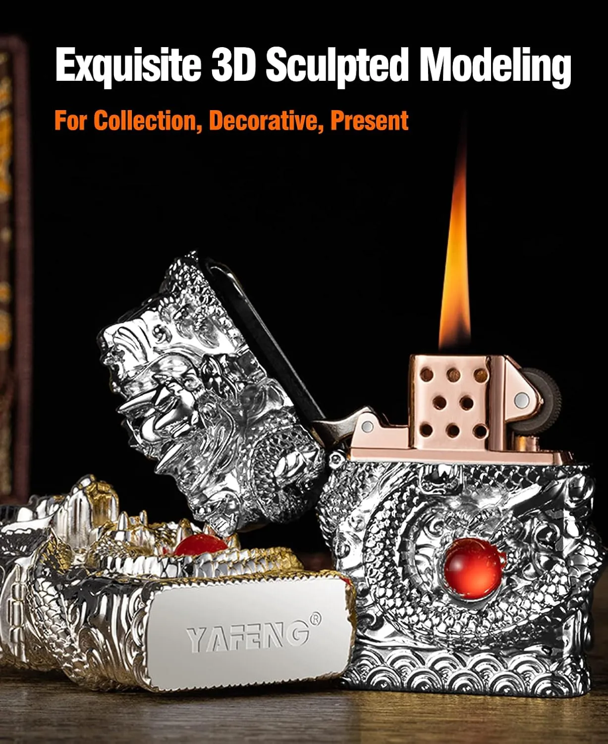 Cool Lighters, Windproof Carving Dragon Antique Lighter, Reusable Kerosene Grinding Wheel Lighter for Collection, Decorative, Gift, Present (Without Fuel) (Silver)