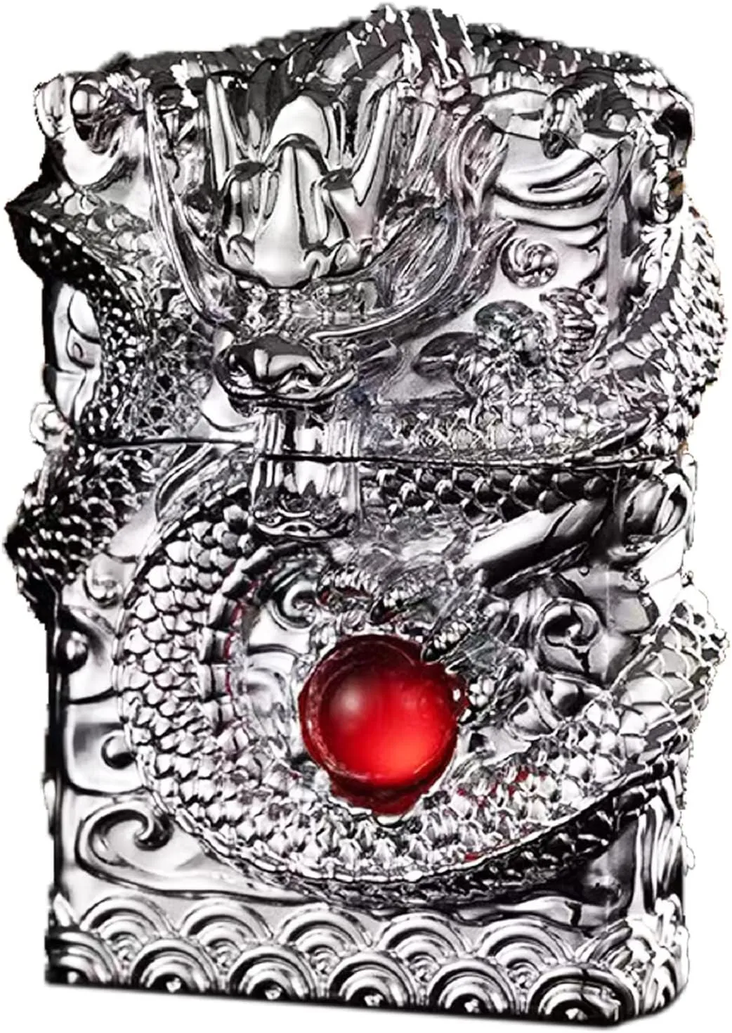 Cool Lighters, Windproof Carving Dragon Antique Lighter, Reusable Kerosene Grinding Wheel Lighter for Collection, Decorative, Gift, Present (Without Fuel) (Silver)