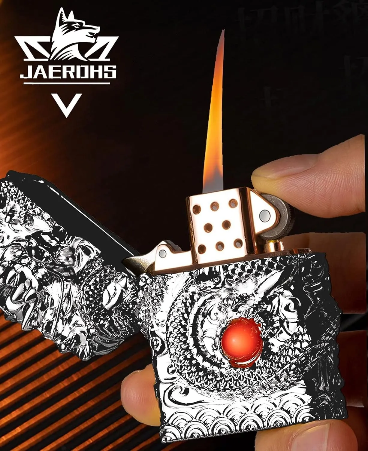 Cool Lighters, Windproof Carving Dragon Antique Lighter, Reusable Kerosene Grinding Wheel Lighter for Collection, Decorative, Gift, Present (Without Fuel) (Silver)