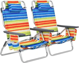 COSTWAY Backpack Beach Chairs, 2-Pack Portable Camping Chairs with Cup Holder, Ice Bag, 5-Position Outdoor Reclining Chairs for Adults, Travel, Sunbathing, Support 300 LBS, Multi Color