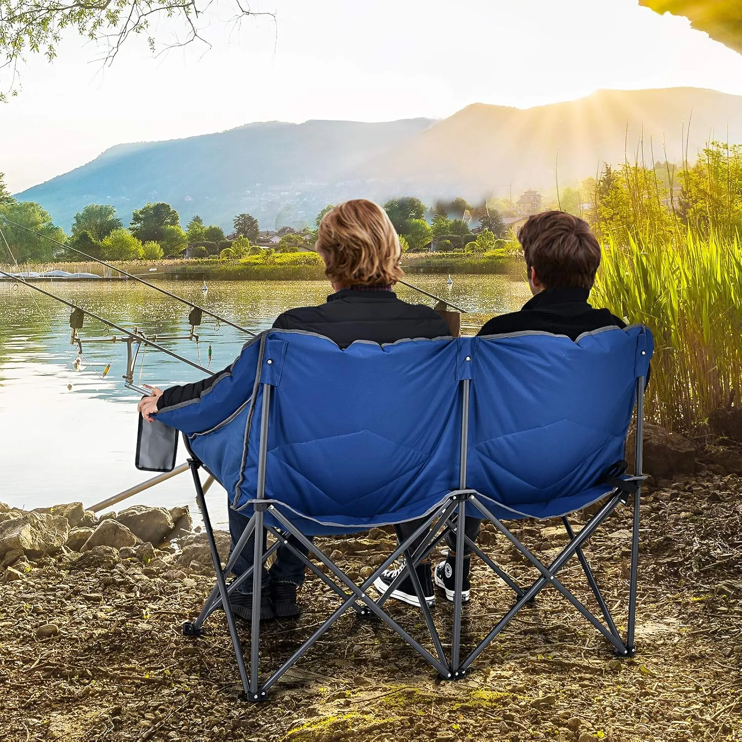 COSTWAY Double Camping Chair, 2 Person Folding Camping Chair for Adults Padded High Backrest, Storage Bags, Camping Loveseat for Picnic, Fishing, Blue