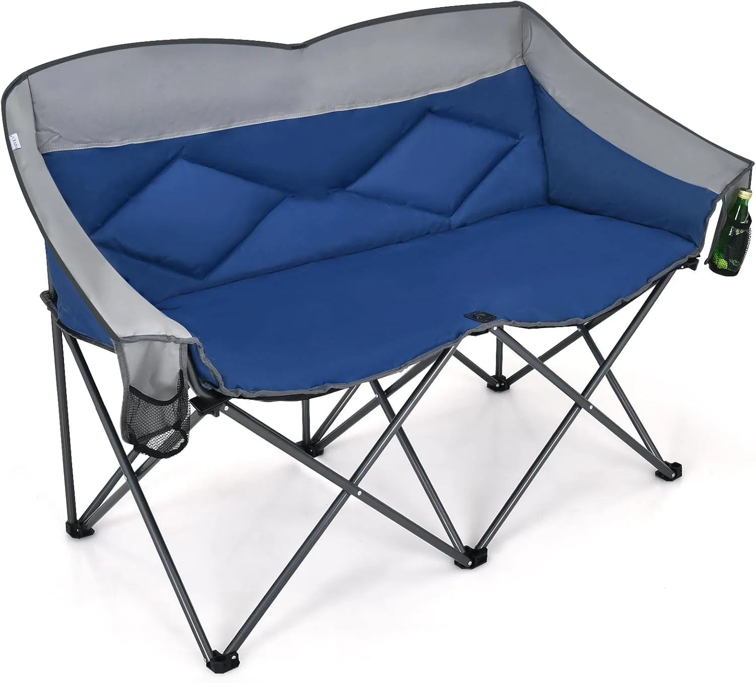 COSTWAY Double Camping Chair, 2 Person Folding Camping Chair for Adults Padded High Backrest, Storage Bags, Camping Loveseat for Picnic, Fishing, Blue