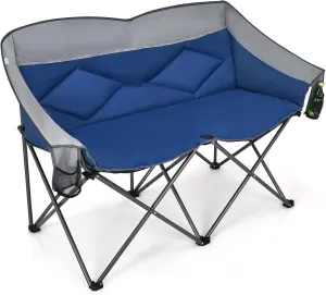 COSTWAY Double Camping Chair, 2 Person Folding Camping Chair for Adults Padded High Backrest, Storage Bags, Camping Loveseat for Picnic, Fishing, Blue