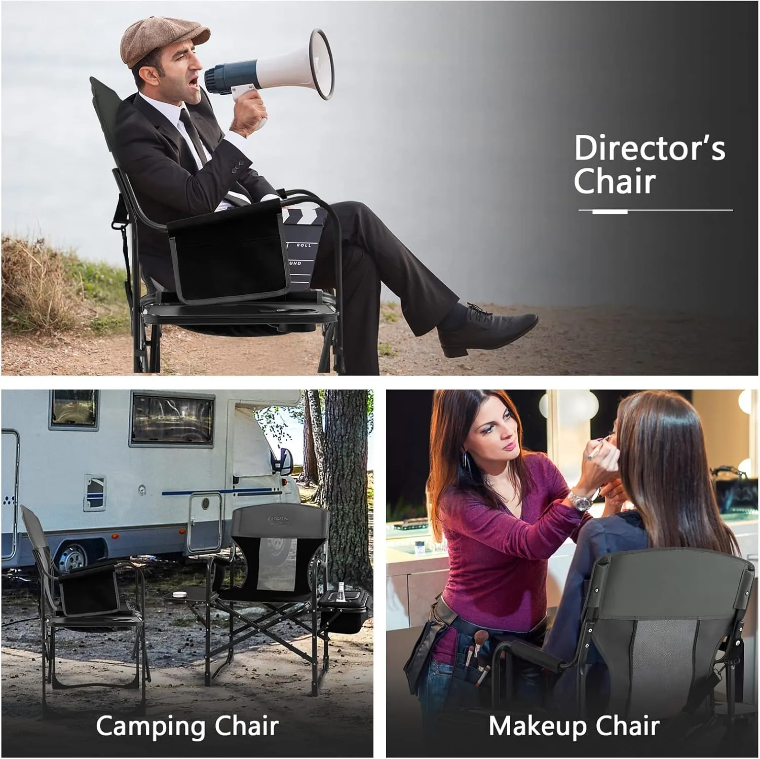 COSTWAY Folding Camping Chair, Heavy-Duty Director Chair Supports 400lbs for Adults with Side Table, Cooler Bag, Storage, Strap, Portable Makeup Chair Suitable for Fishing Picnic