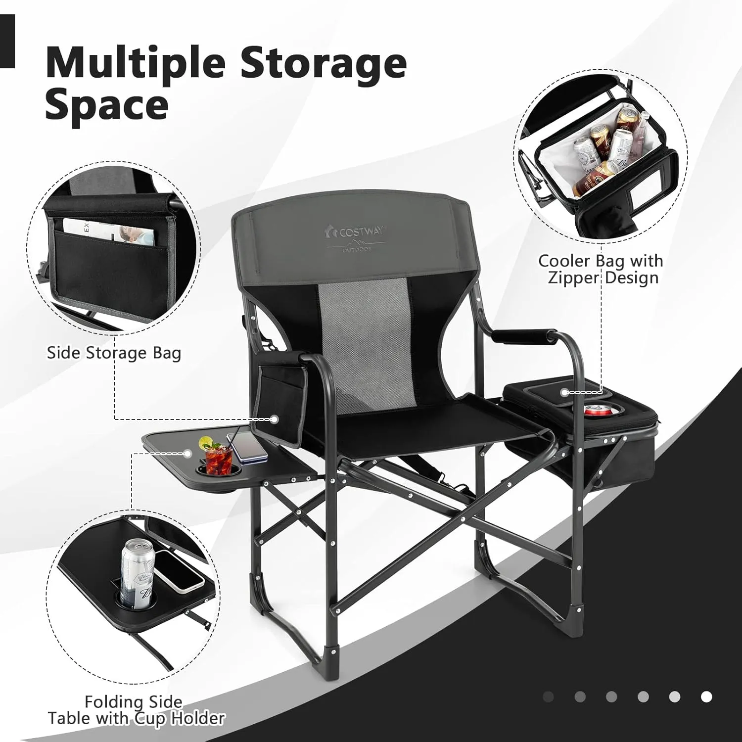 COSTWAY Folding Camping Chair, Heavy-Duty Director Chair Supports 400lbs for Adults with Side Table, Cooler Bag, Storage, Strap, Portable Makeup Chair Suitable for Fishing Picnic