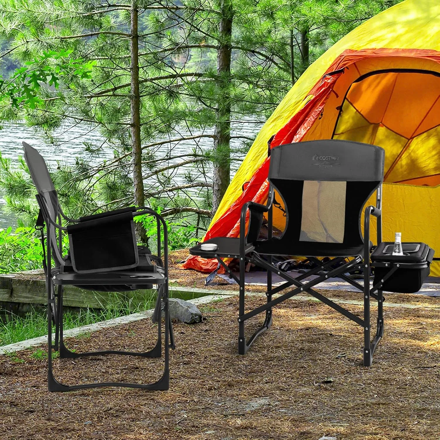 COSTWAY Folding Camping Chair, Heavy-Duty Director Chair Supports 400lbs for Adults with Side Table, Cooler Bag, Storage, Strap, Portable Makeup Chair Suitable for Fishing Picnic
