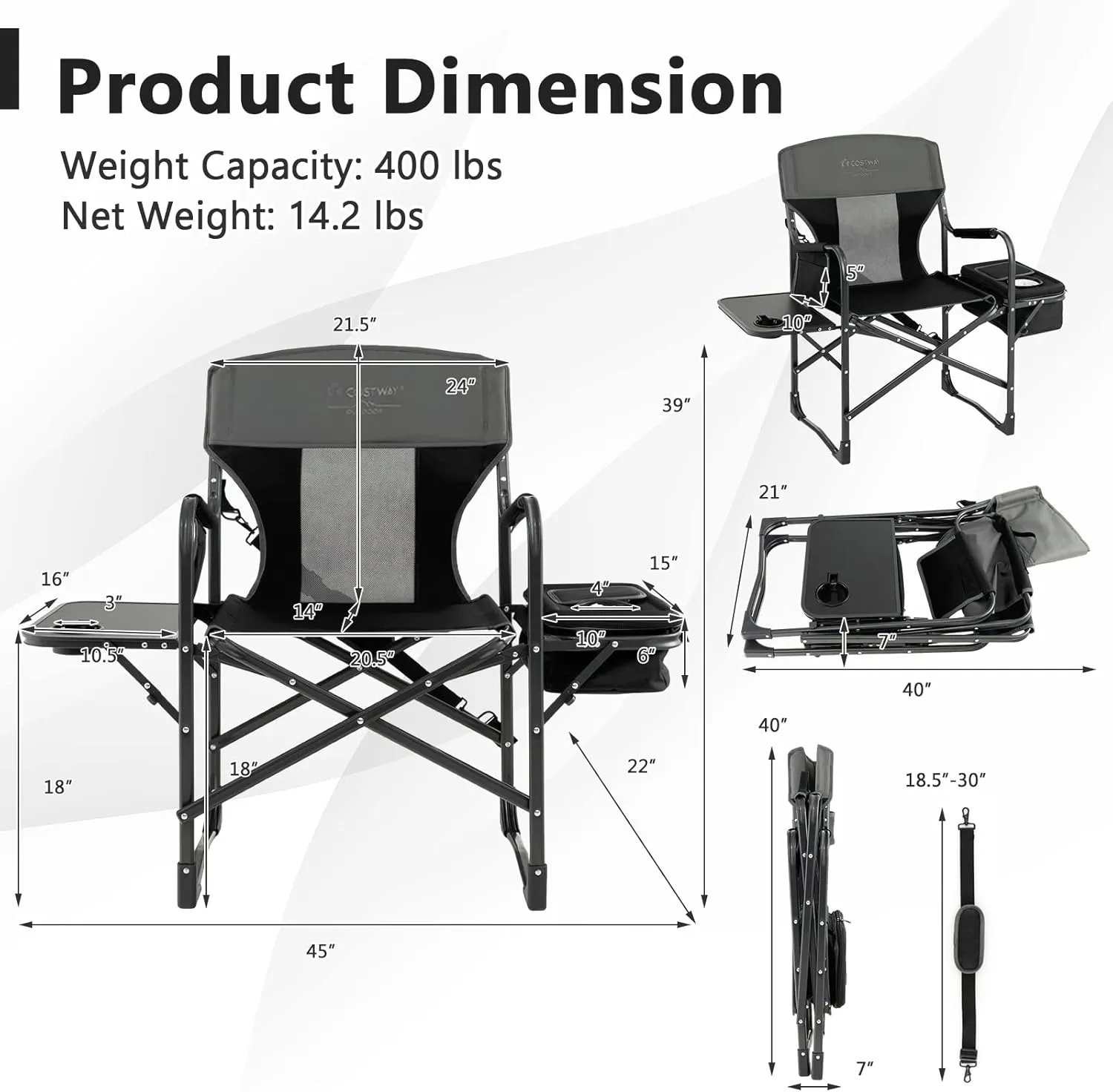 COSTWAY Folding Camping Chair, Heavy-Duty Director Chair Supports 400lbs for Adults with Side Table, Cooler Bag, Storage, Strap, Portable Makeup Chair Suitable for Fishing Picnic