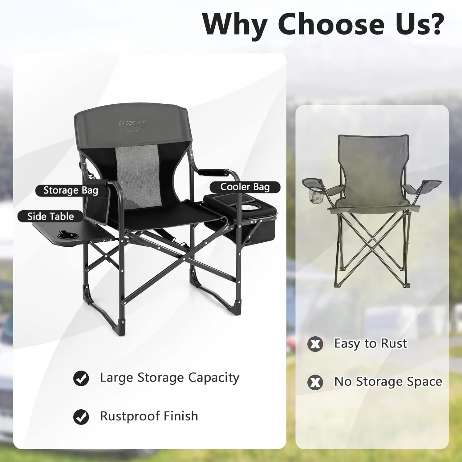 COSTWAY Folding Camping Chair, Heavy-Duty Director Chair Supports 400lbs for Adults with Side Table, Cooler Bag, Storage, Strap, Portable Makeup Chair Suitable for Fishing Picnic