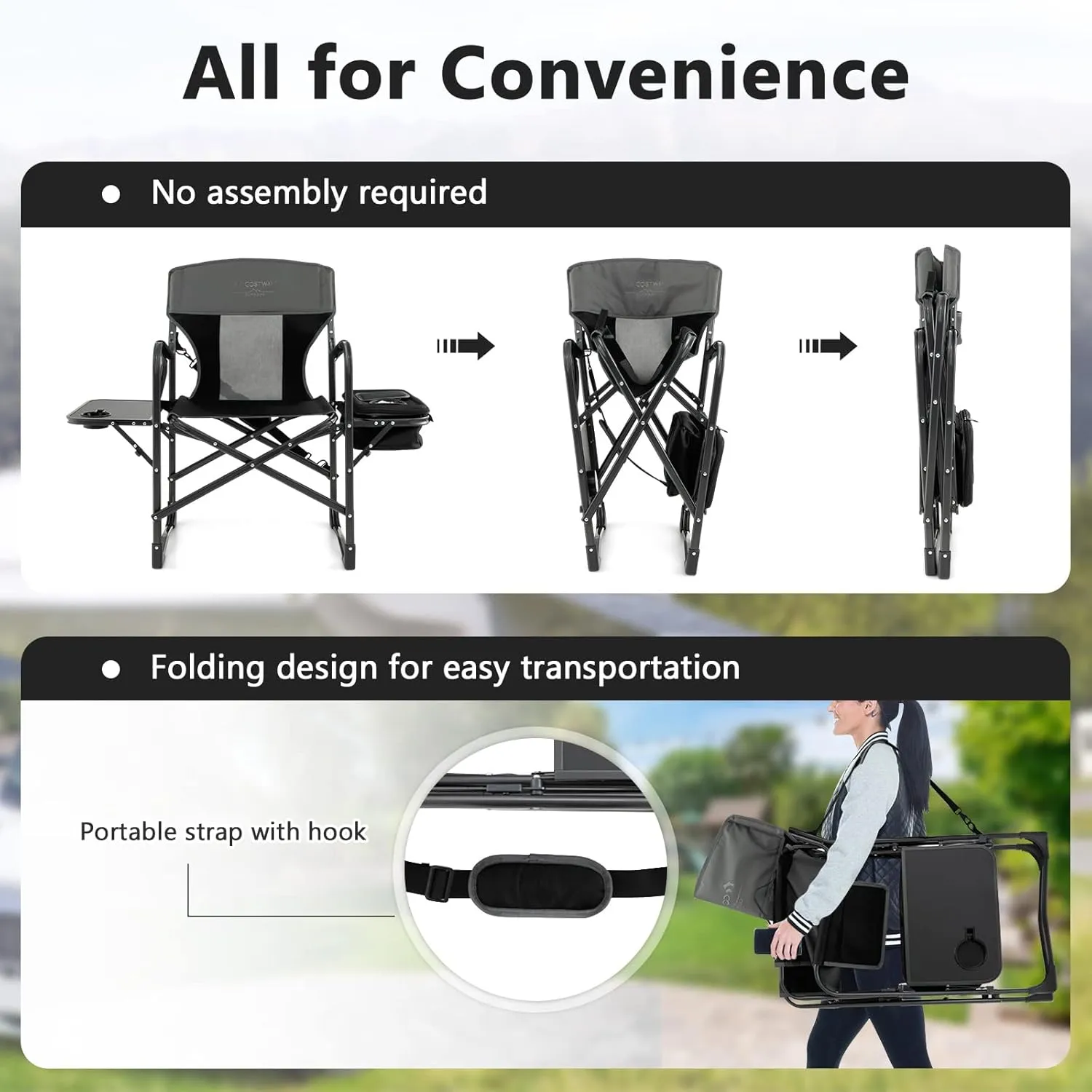 COSTWAY Folding Camping Chair, Heavy-Duty Director Chair Supports 400lbs for Adults with Side Table, Cooler Bag, Storage, Strap, Portable Makeup Chair Suitable for Fishing Picnic