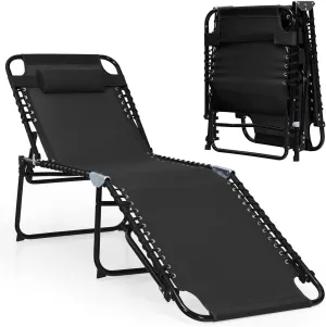 COSTWAY Folding Chaise Lounge Chair, Foldable Pool Lounger with 4-Position Adjustable Backrest, 2-Position Footrest & Soft Pillow, Patio Tanning Chair for Beach, Poolside (1, Black)