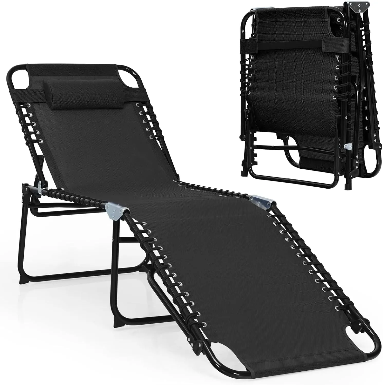 COSTWAY Folding Chaise Lounge Chair, Foldable Pool Lounger with 4-Position Adjustable Backrest, 2-Position Footrest & Soft Pillow, Patio Tanning Chair for Beach, Poolside (1, Black)