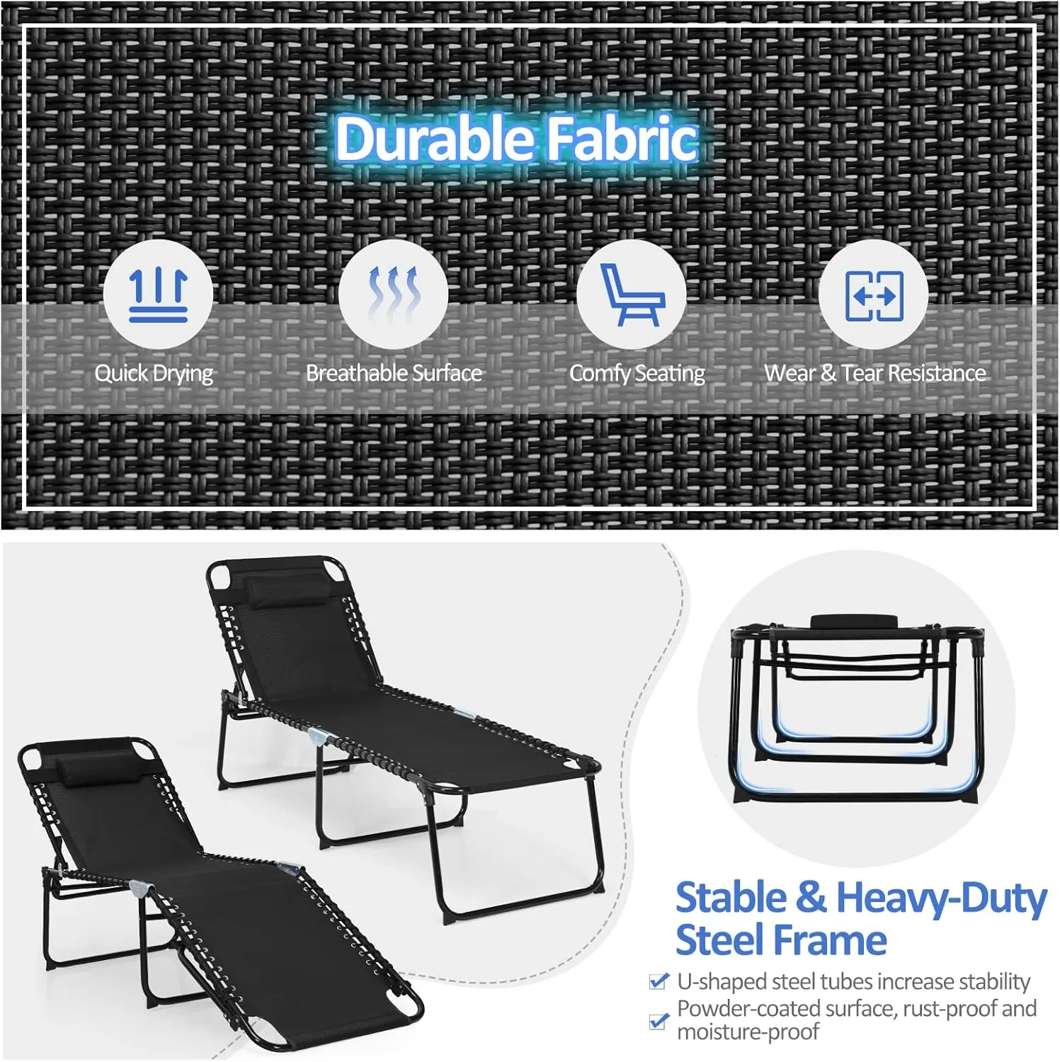 COSTWAY Folding Chaise Lounge Chair, Foldable Pool Lounger with 4-Position Adjustable Backrest, 2-Position Footrest & Soft Pillow, Patio Tanning Chair for Beach, Poolside (1, Black)