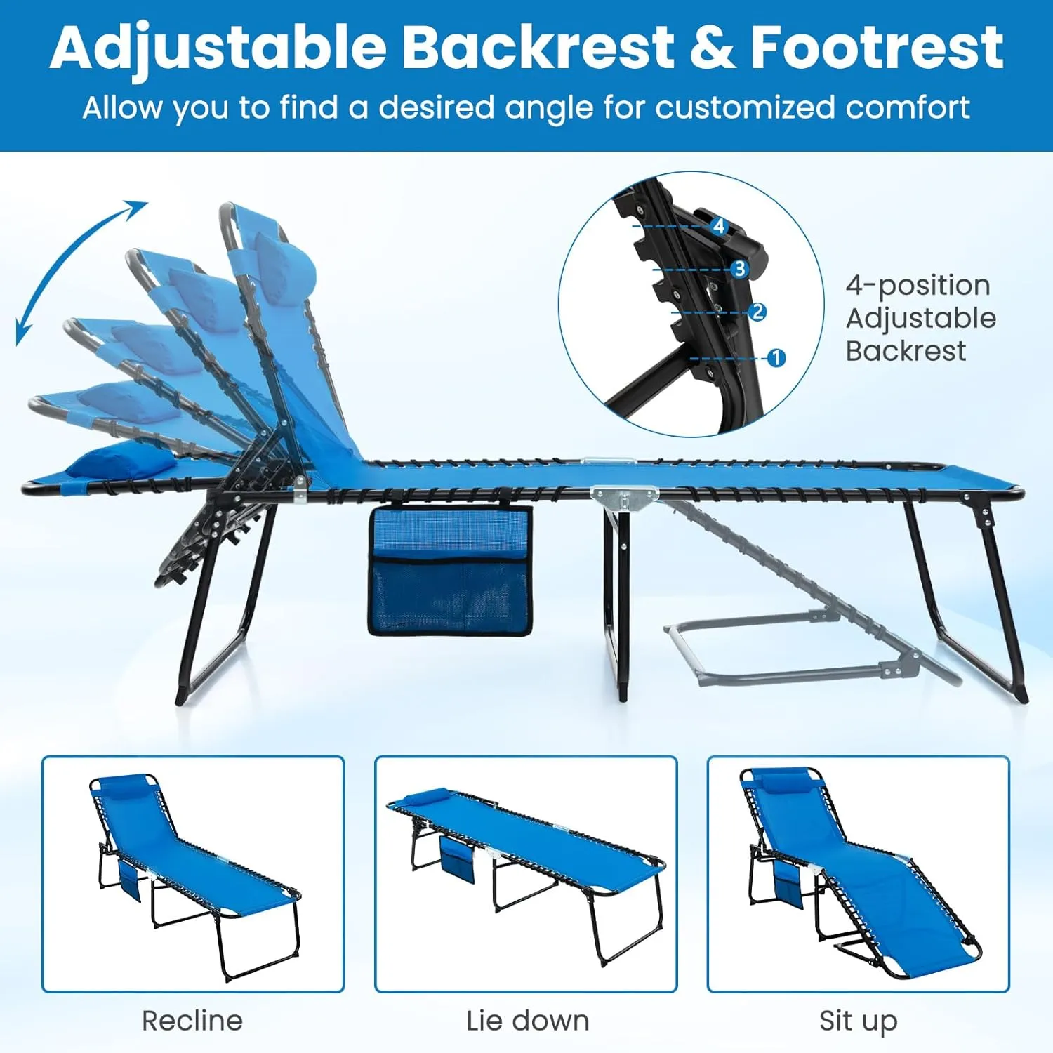 COSTWAY Folding Chaise Lounge Chair, Foldable Pool Lounger with 4-Position Adjustable Backrest, 2-Position Footrest & Soft Pillow, Patio Tanning Chair for Beach, Poolside (1, Navy)