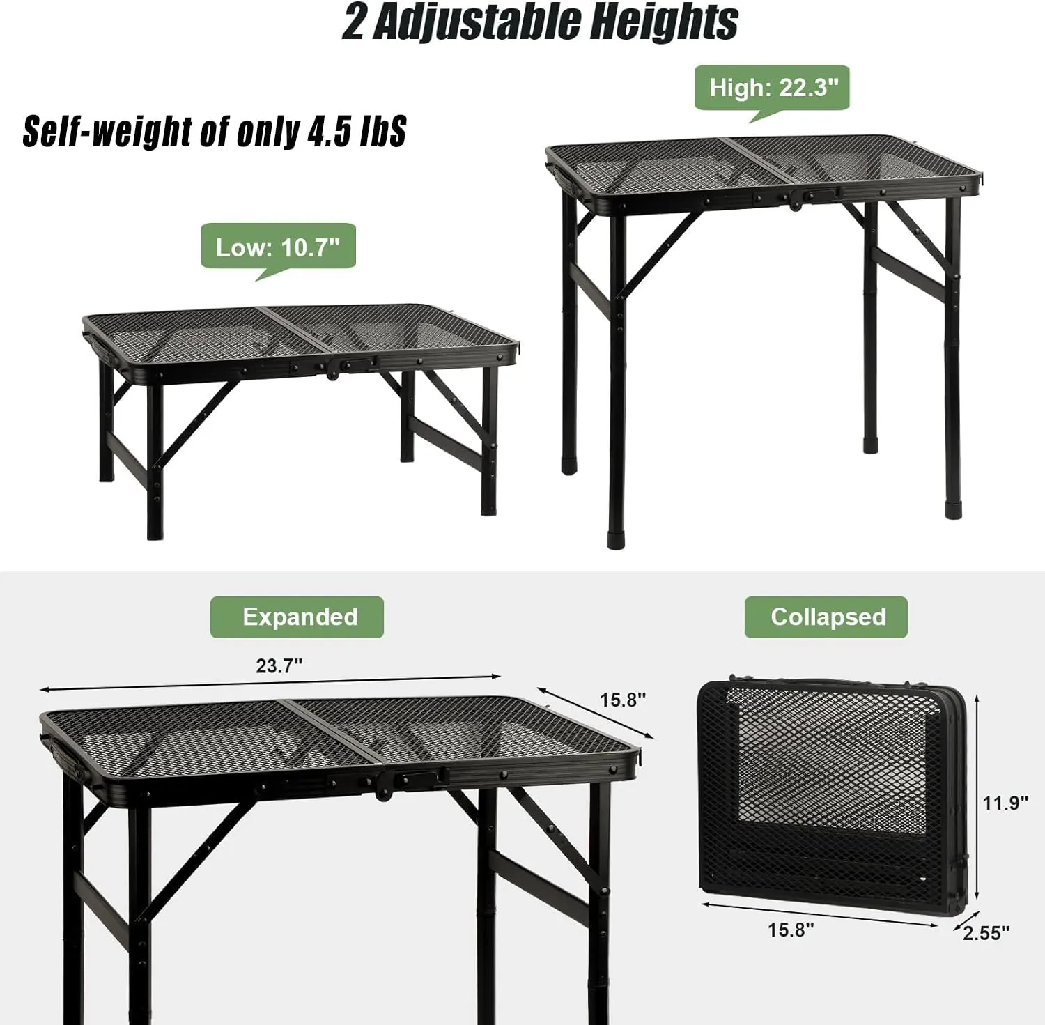 COSYAWN Folding Grill Table, Small, Aluminum, Lightweight, Portable, Height Adjustable, Outdoor Picnic Table, 22.3x15.8x10.7/22.3 inches, 88 lbs Load Capacity