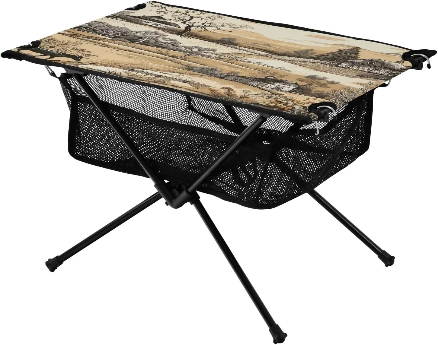Countryside Pattern Portable Folding Camping Table, Compact Lightweight Beach Table with Carrying Bag for Outdoor Picnics, BBQs, Camp