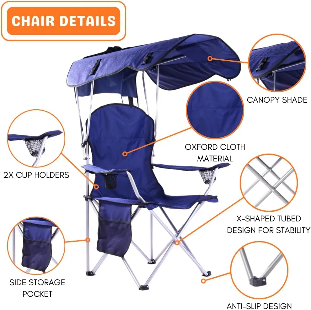 CozyBox Portable Folding Camping Chairs with Canopy Shade, Beach Chair for Adults, Durable Weather Resistant 600D Oxford Cloth, Camping Chair with Canopy for Outdoors [Navy]