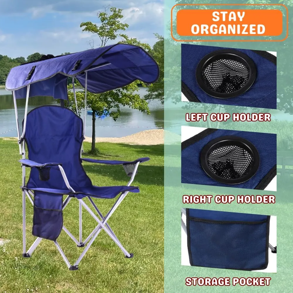 CozyBox Portable Folding Camping Chairs with Canopy Shade, Beach Chair for Adults, Durable Weather Resistant 600D Oxford Cloth, Camping Chair with Canopy for Outdoors [Navy]